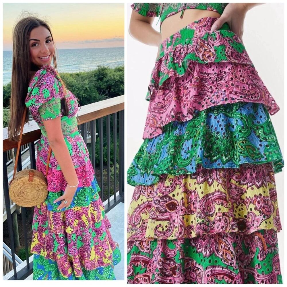 Alice + Olivia SET Jia tiered skirt & Crawford smocked Crop Top Size XS / 2 - Picture 2 of 15